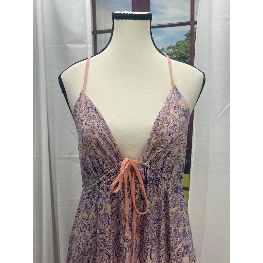 Babydoll flowy Paisley Maxi Dress 12 Boho Resort Tie Front Crossback Coral Blue - Picture 8 of 13
